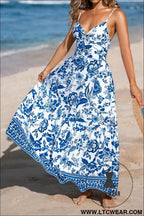 Sky Blue Twisted Bust Spaghetti Straps Backless Floral Maxi Dress