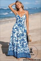 Sky Blue Twisted Bust Spaghetti Straps Backless Floral Maxi Dress