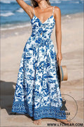 Sky Blue Twisted Bust Spaghetti Straps Backless Floral Maxi Dress