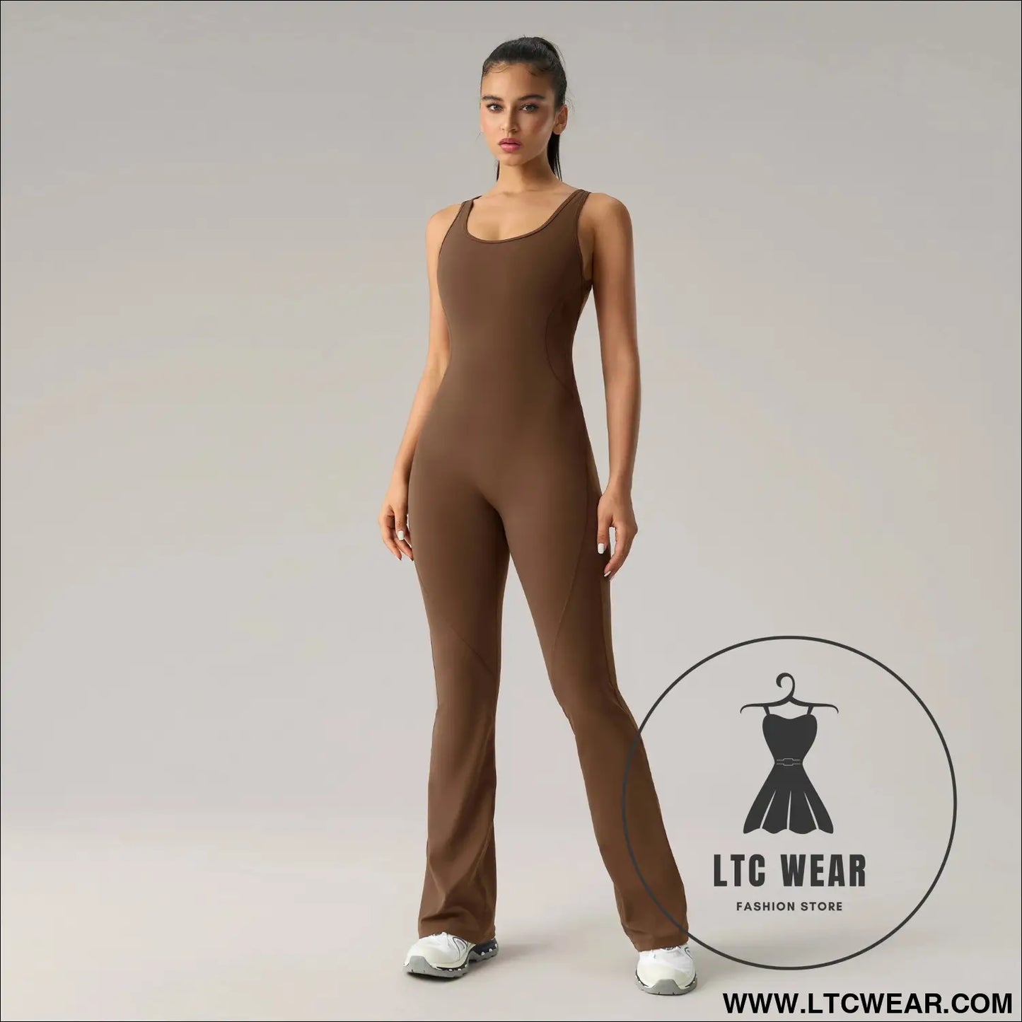 Sleek & stylish: women’s horn elastic yoga jumpsuit - coffee / s