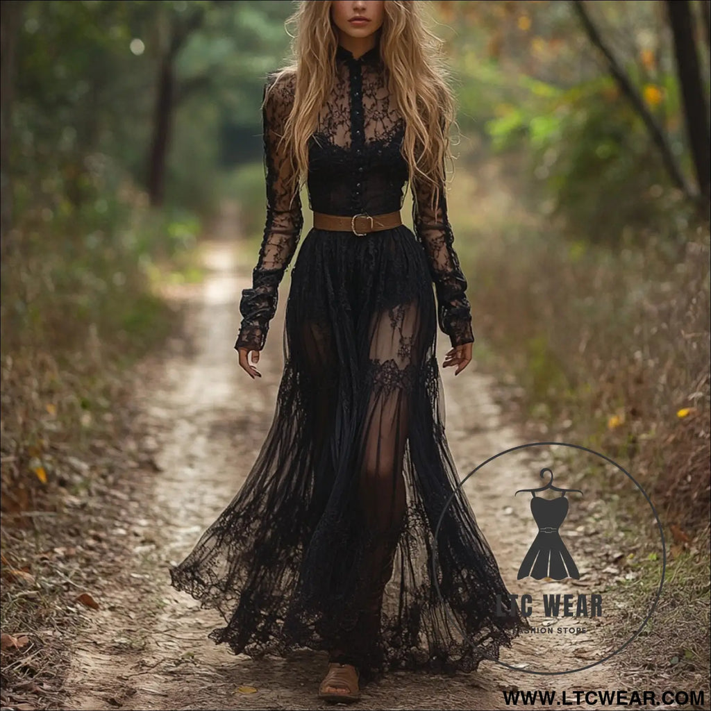 Sleeve dress cottage style vintage lace maxi dress - black (without belt) / s