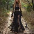 Sleeve dress cottage style vintage lace maxi dress - black (without belt) / s