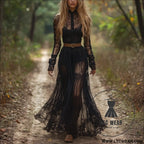 Sleeve dress cottage style vintage lace maxi dress - black (without belt) / s