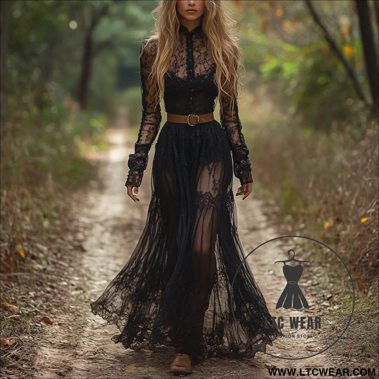 Sleeve dress cottage style vintage lace maxi dress - black (without belt) / s
