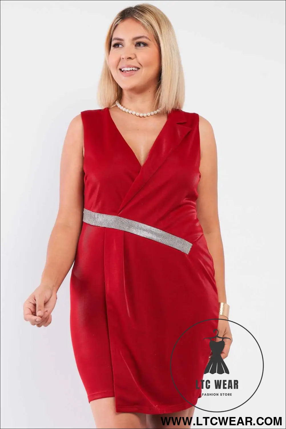 Sleeveless V-neck Asymmetrical Wrap Rhinestones Detail Fitted Mini Blazer Dress