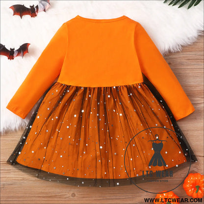 Small and medium girls’ long-sleeved bat mesh dress