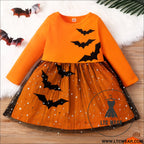 Small and medium girls’ long-sleeved bat mesh dress - orange / 90cm