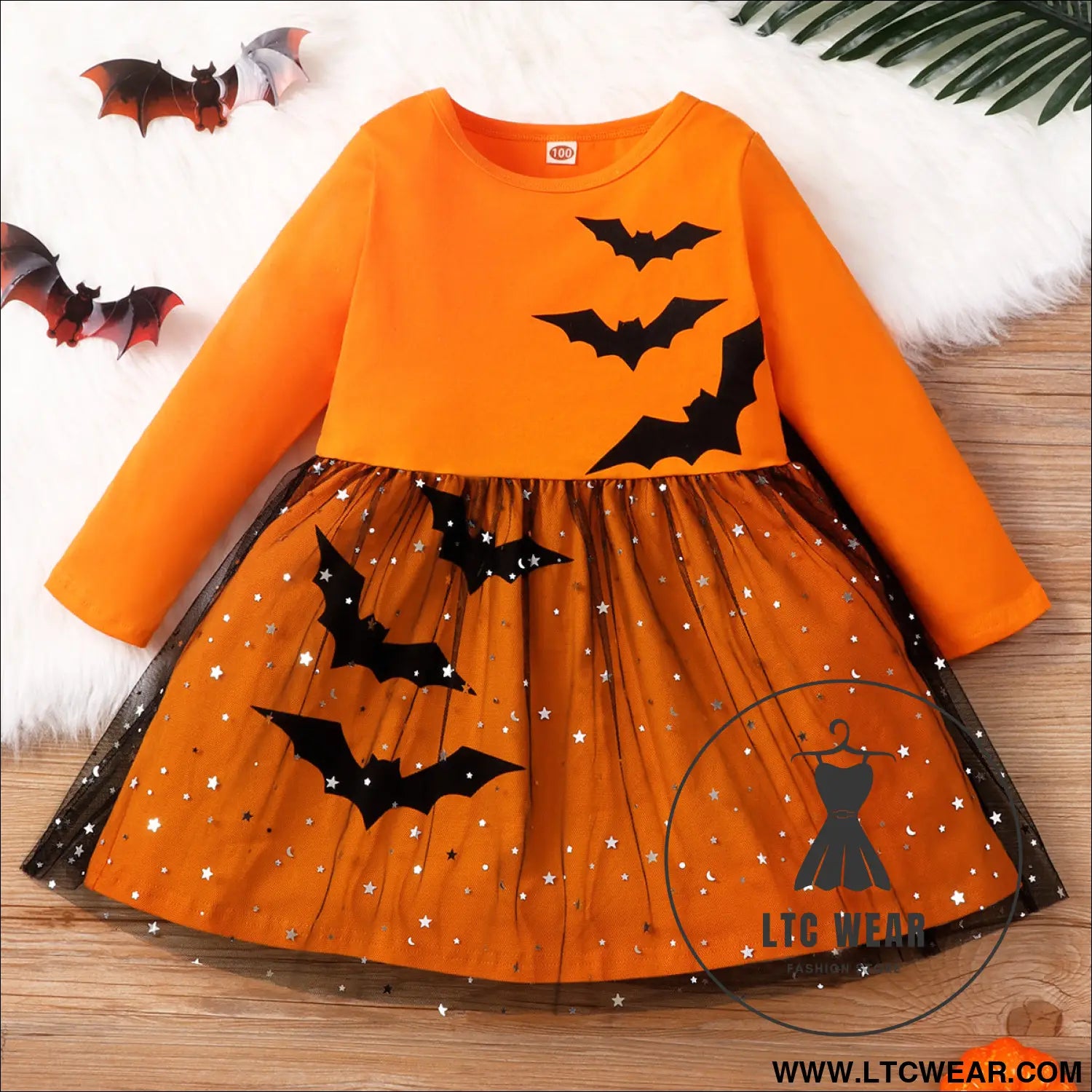 Small and medium girls’ long-sleeved bat mesh dress - orange / 90cm