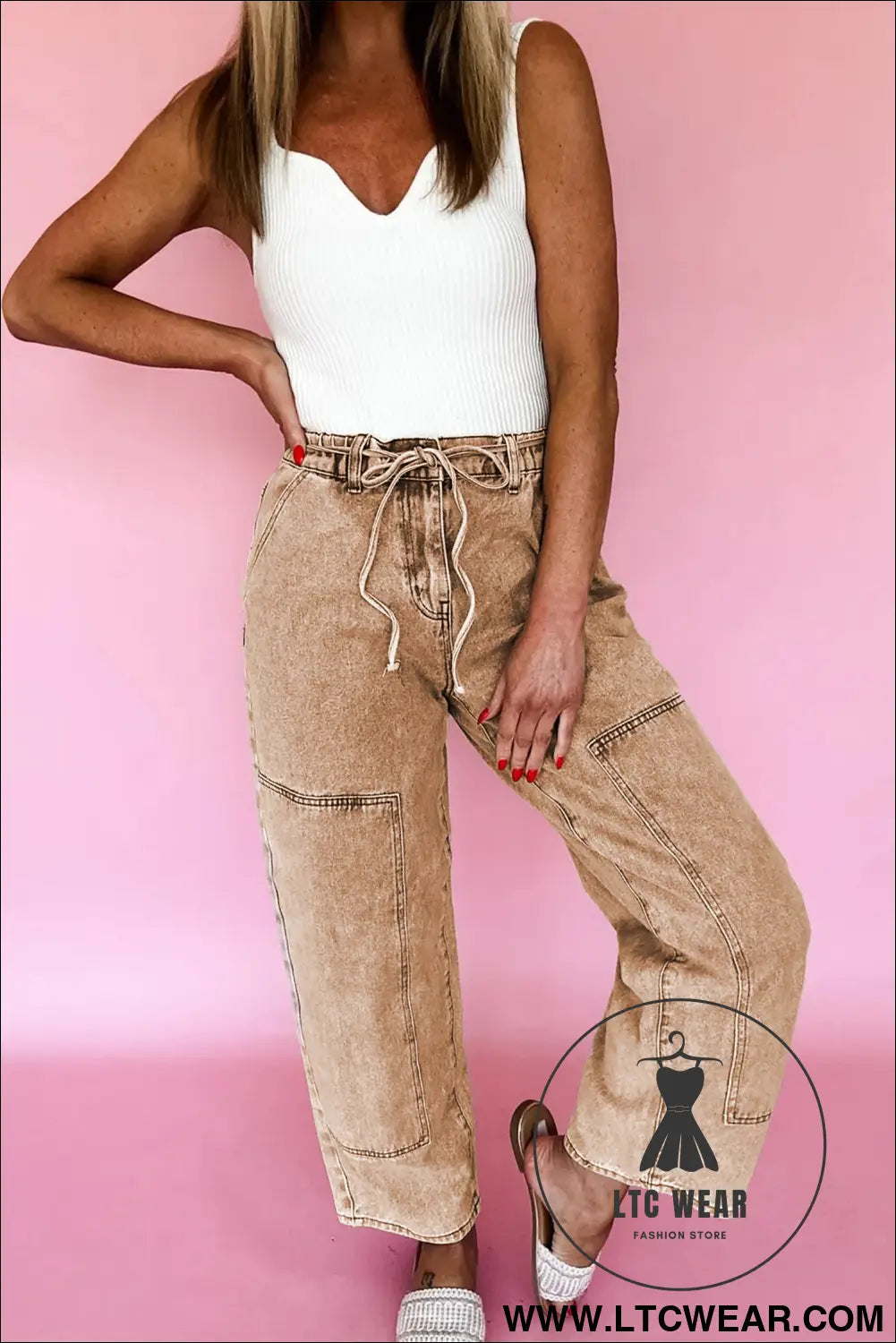 Smoke gray acid wash tie waist denim pants - smoke gray / 10 / 75% cotton + 23% polyester + 2% elastane - jeans