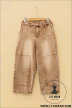 Smoke gray acid wash tie waist denim pants - jeans