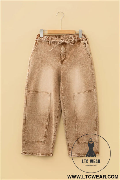 Smoke gray acid wash tie waist denim pants - jeans