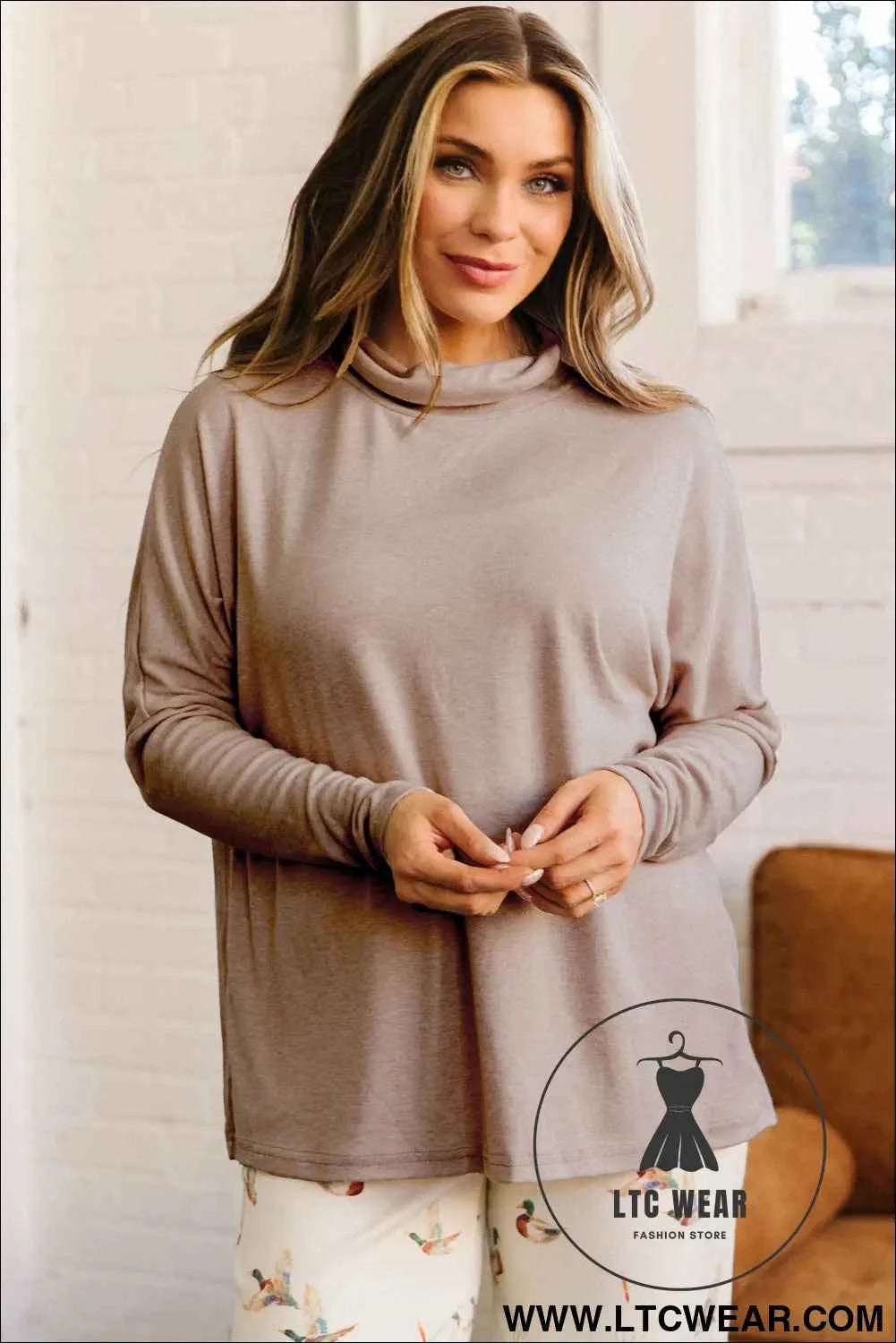 Smoke Gray High Neck Long Sleeve Shift Blouse