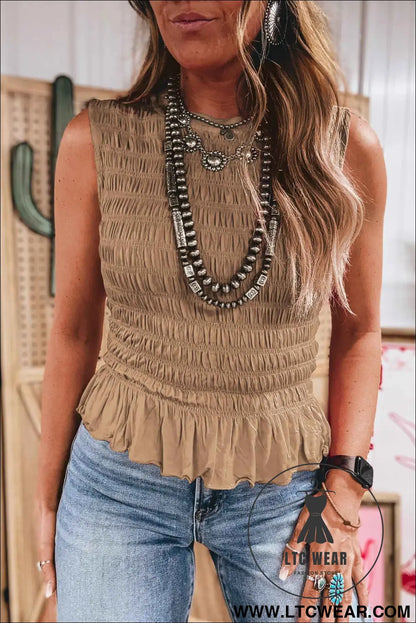 Smoke Gray Shirred Slim Fit Ruffle Hem Tank Top