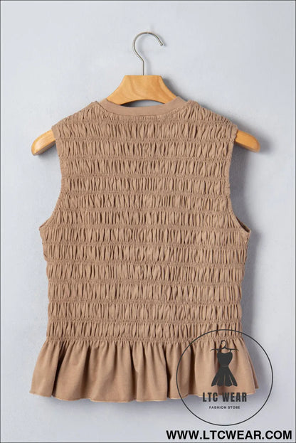 Smoke Gray Shirred Slim Fit Ruffle Hem Tank Top - L.T.C Wear Online Fashion Store