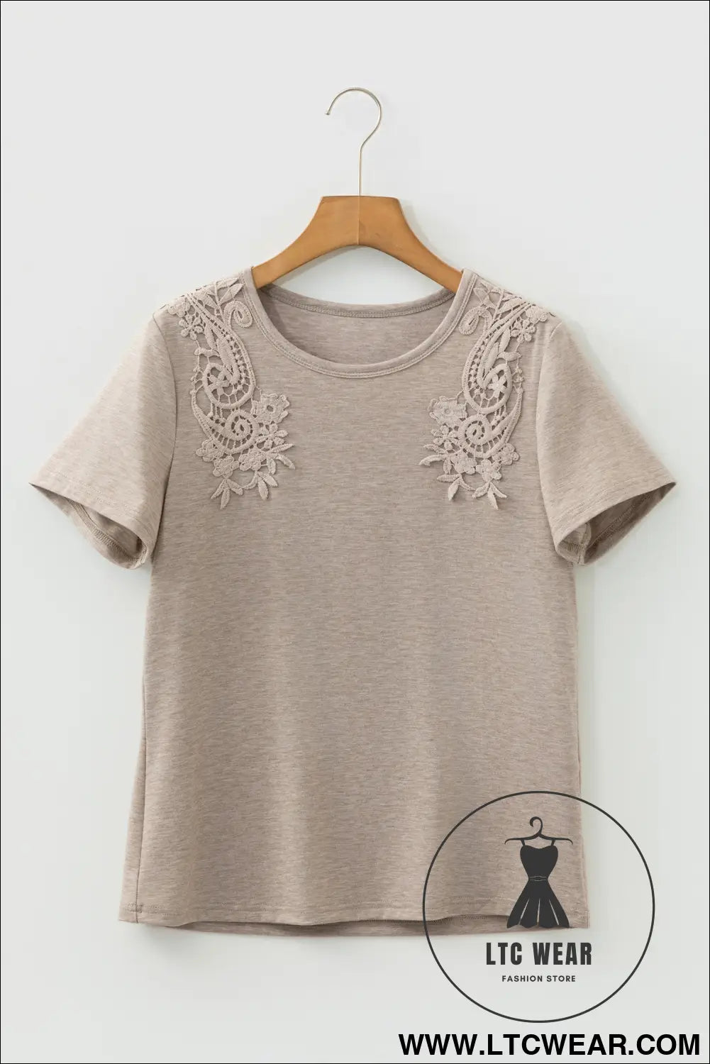 Smoke gray solid color lace patched detail round neck tee - tops & tees
