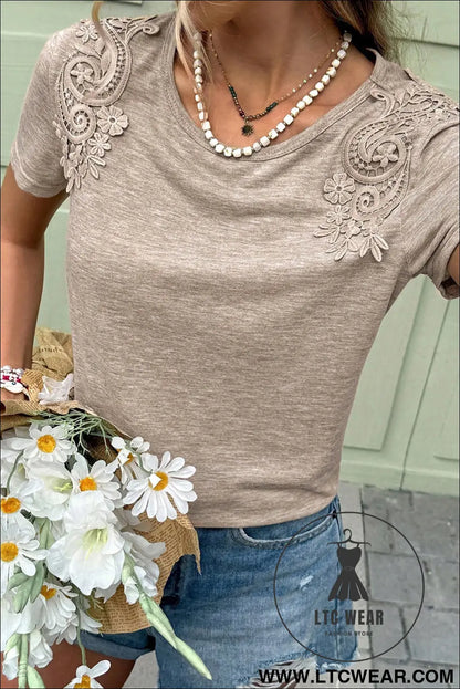 Smoke gray solid color lace patched detail round neck tee - tops & tees
