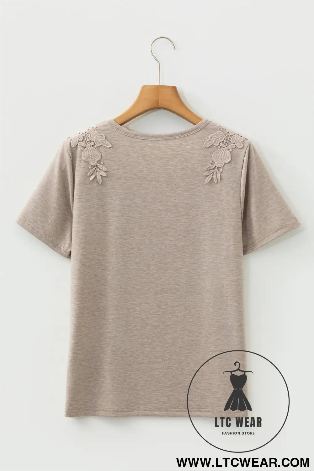 Smoke gray solid color lace patched detail round neck tee - tops & tees