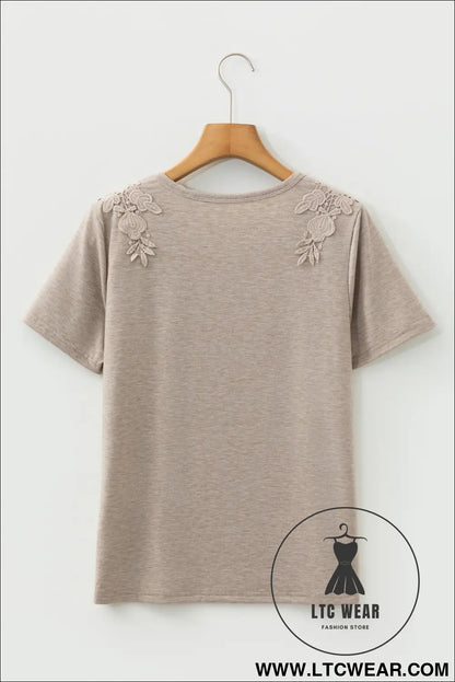 Smoke gray solid color lace patched detail round neck tee - tops & tees