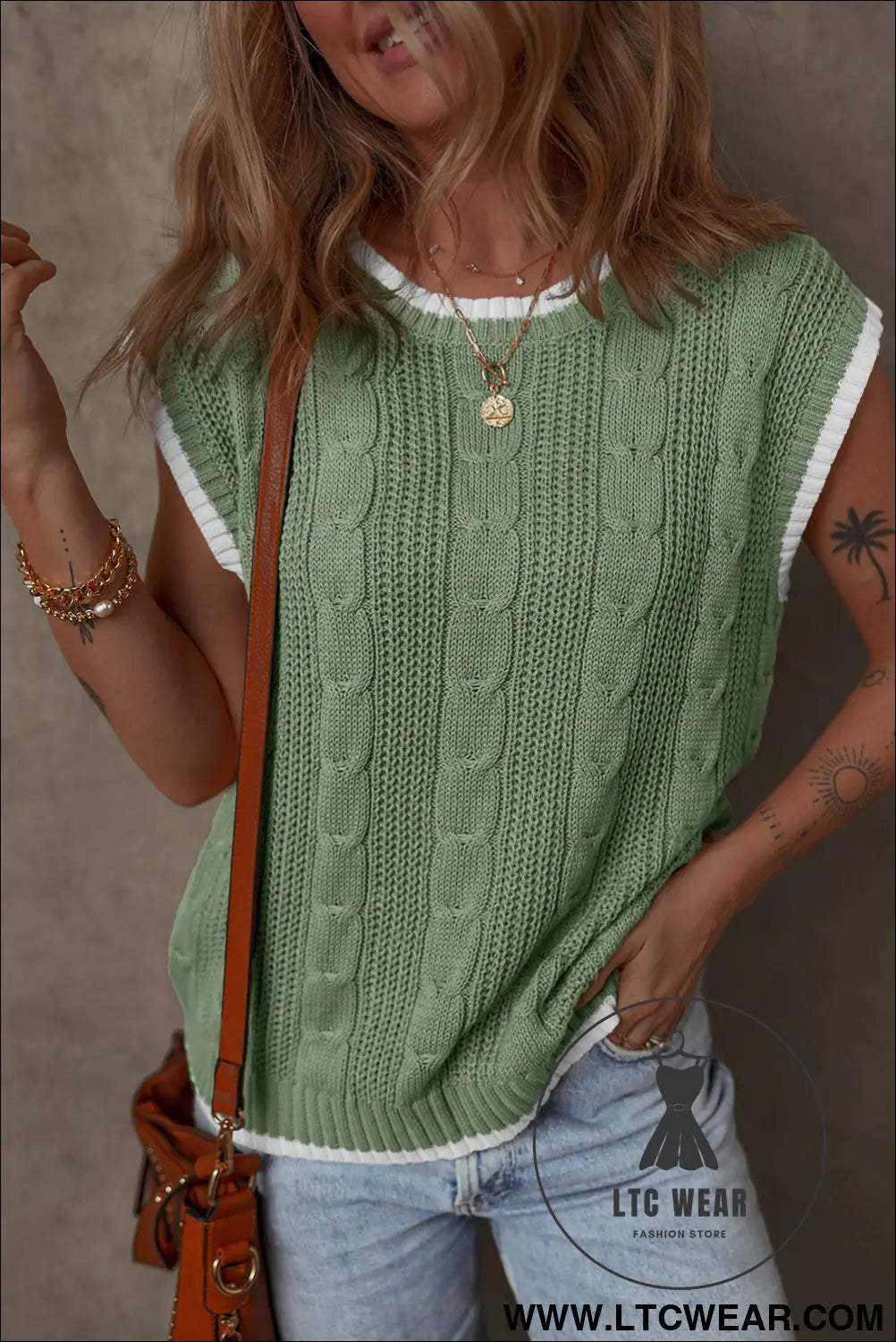Smoke green cable ribbed knit contrast trim loose sweater vest - smoke green / 2xl / 55% acrylic + 45% cotton - sweater