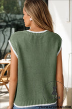 Smoke green cable ribbed knit contrast trim loose sweater vest - sweater vests
