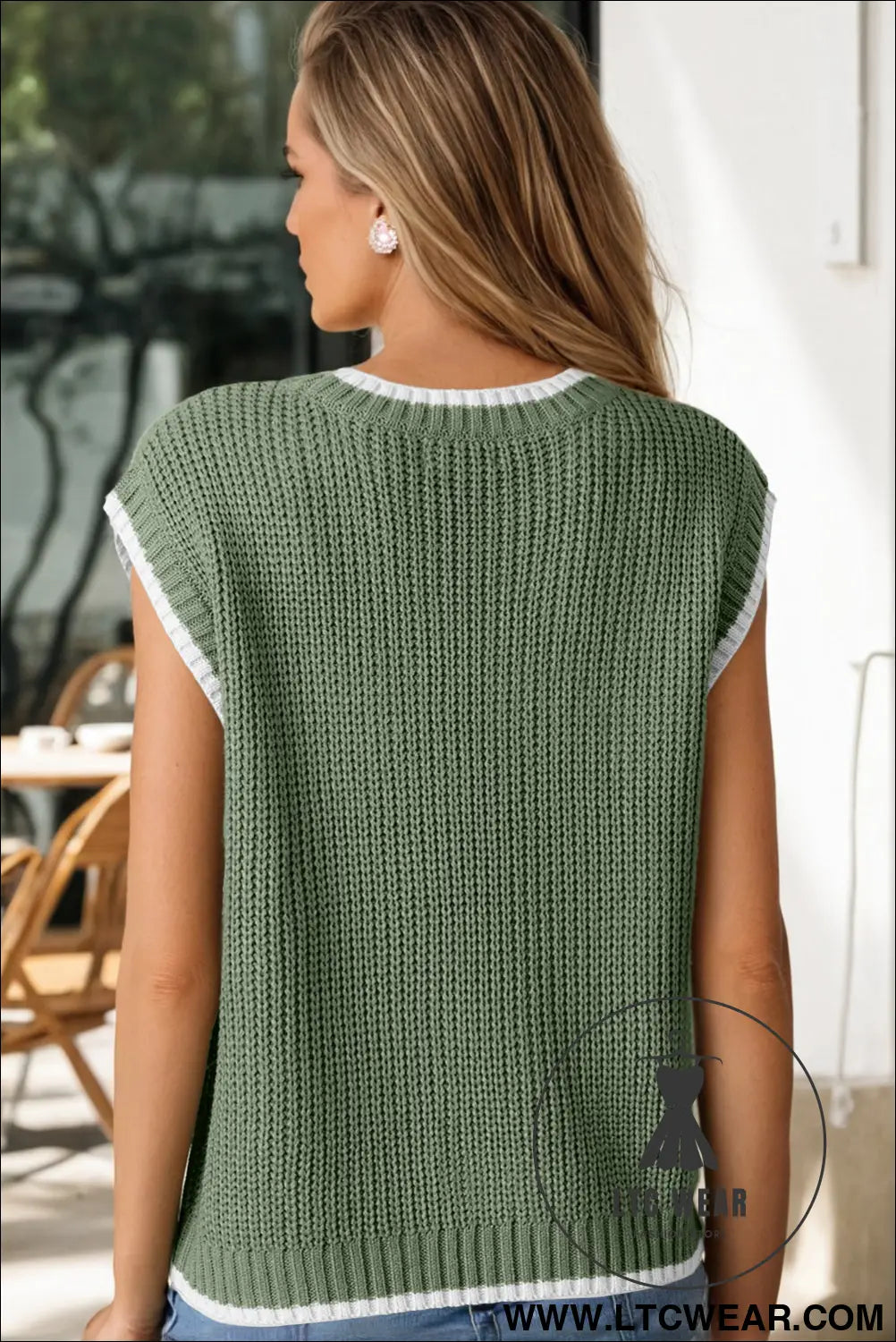 Smoke green cable ribbed knit contrast trim loose sweater vest - sweater vests