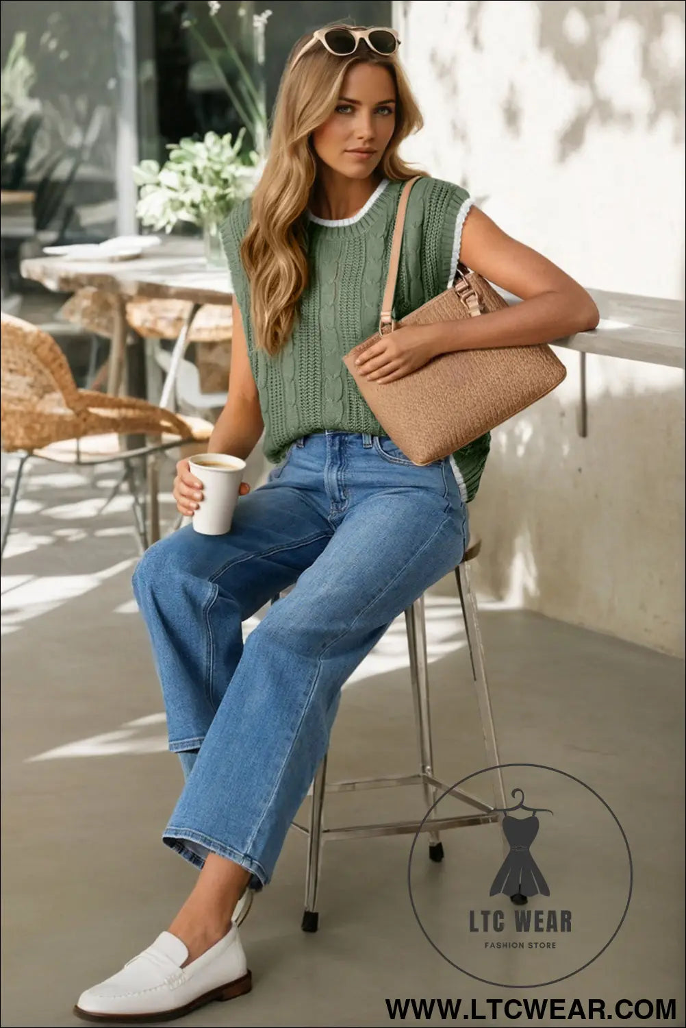 Smoke green cable ribbed knit contrast trim loose sweater vest - sweater vests