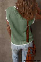 Smoke green cable ribbed knit contrast trim loose sweater vest - sweater vests