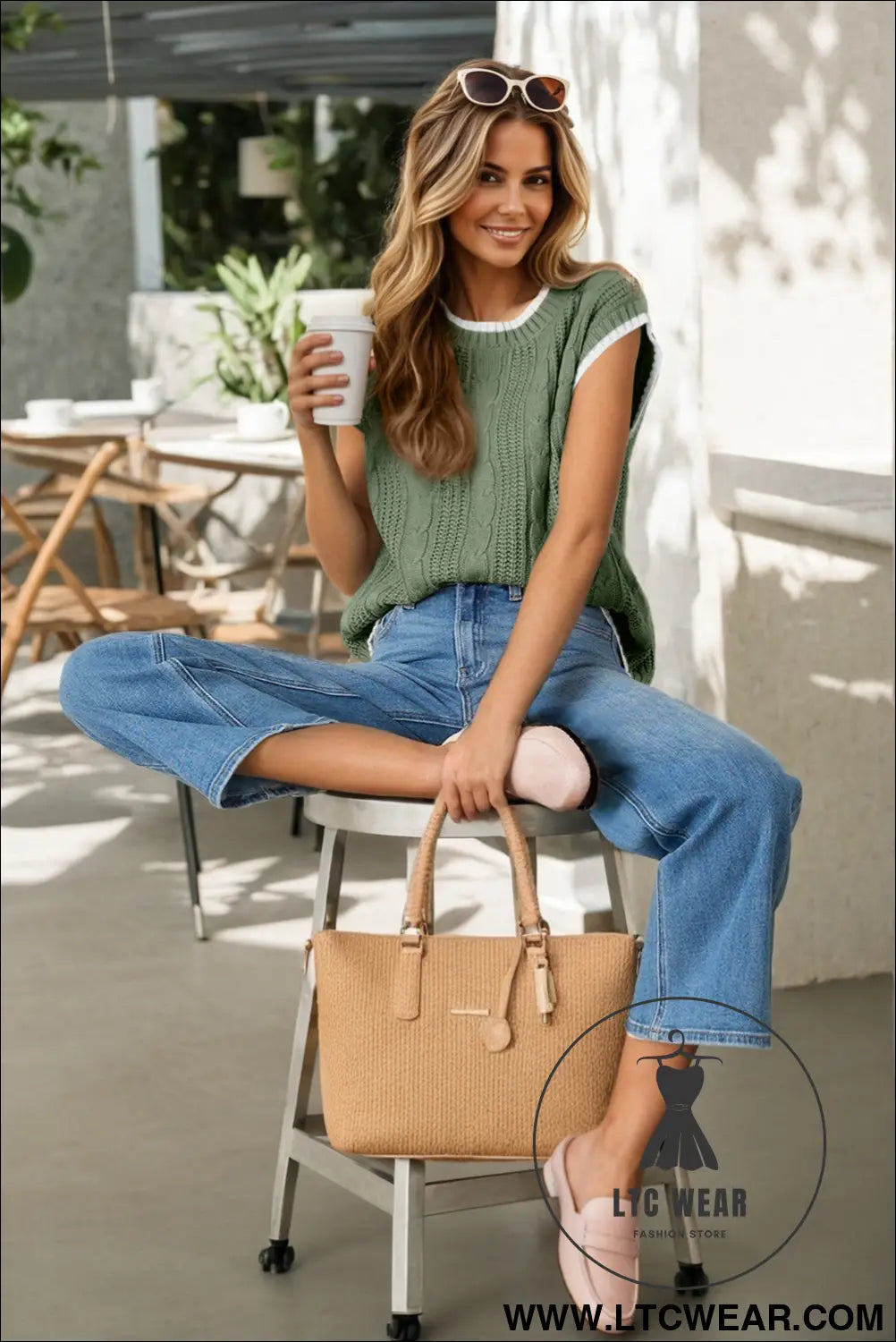 Smoke green cable ribbed knit contrast trim loose sweater vest - sweater vests