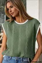 Smoke green cable ribbed knit contrast trim loose sweater vest - sweater vests