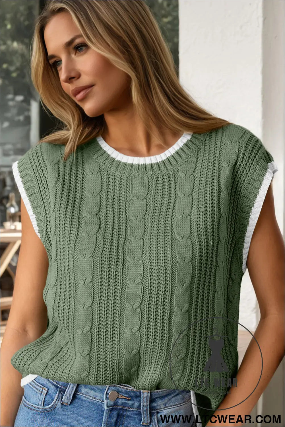 Smoke green cable ribbed knit contrast trim loose sweater vest - sweater vests