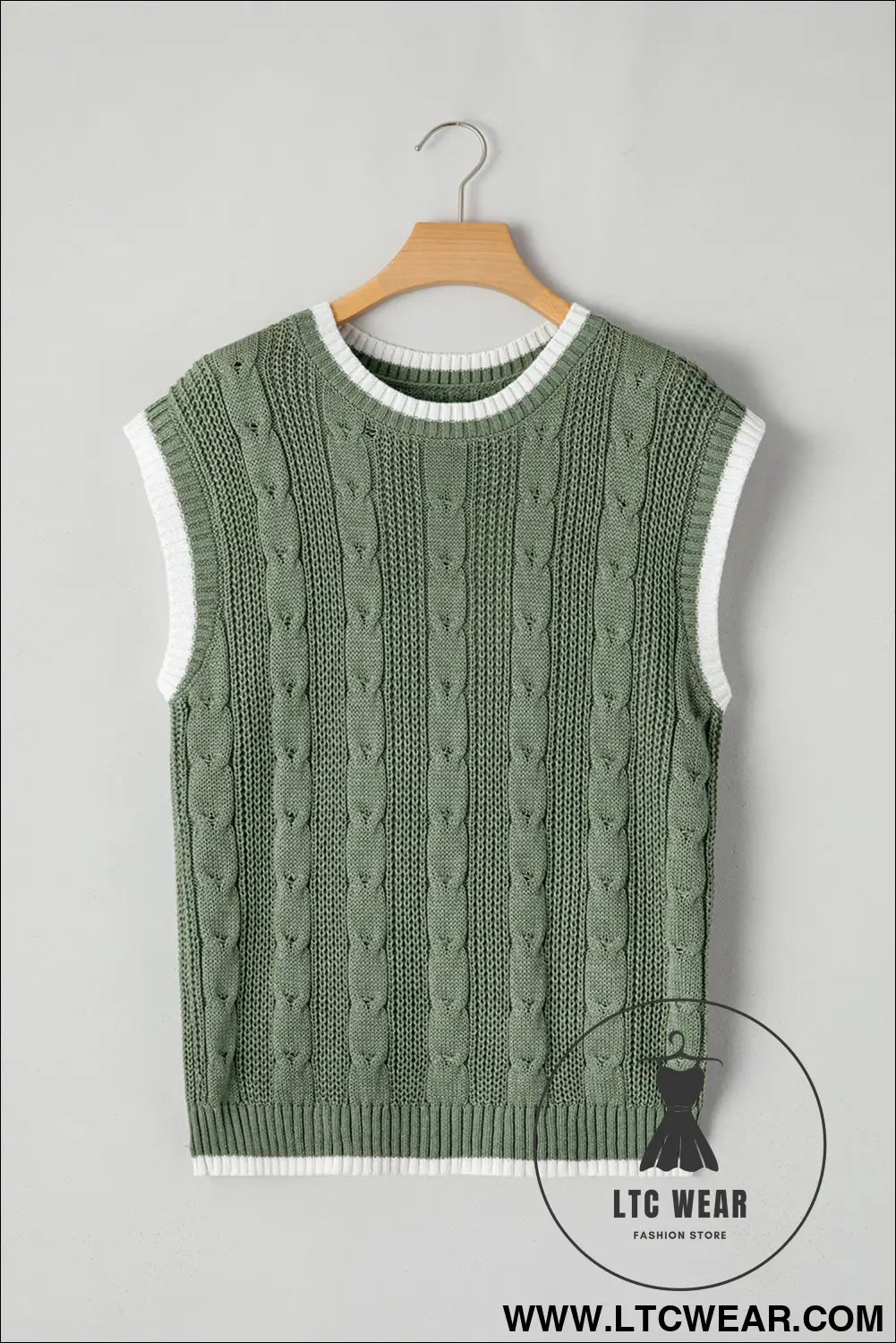 Smoke green cable ribbed knit contrast trim loose sweater vest - sweater vests
