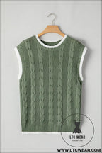 Smoke green cable ribbed knit contrast trim loose sweater vest - sweater vests