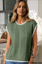 Smoke green cable ribbed knit contrast trim loose sweater vest - sweater vests