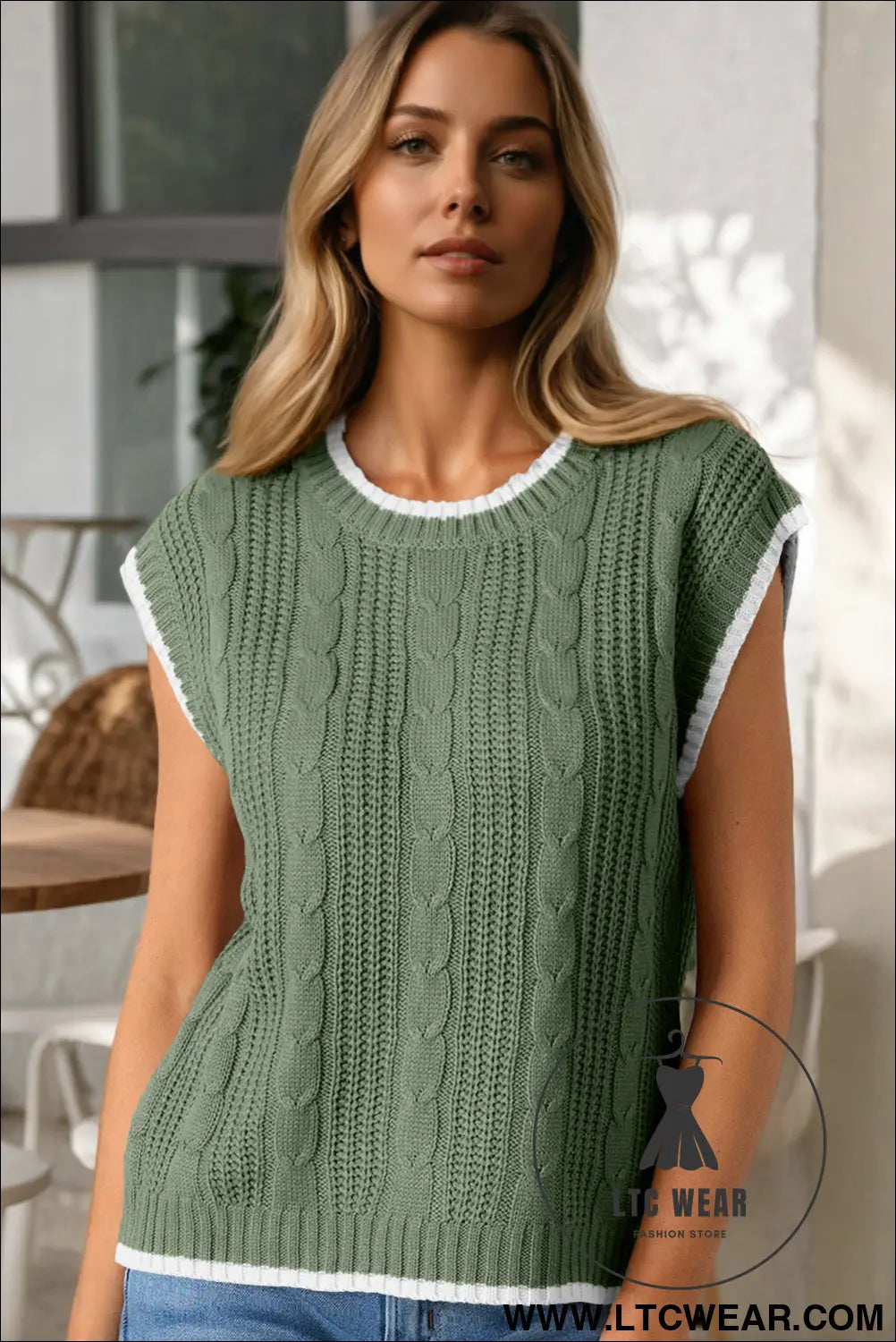 Smoke green cable ribbed knit contrast trim loose sweater vest - sweater vests