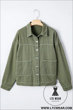 Smoke green pocket collared button front denim jacket - jackets