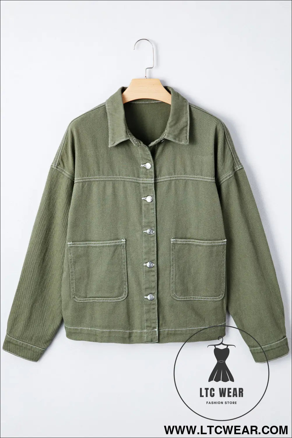 Smoke green pocket collared button front denim jacket - jackets
