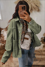 Smoke green pocket collared button front denim jacket - jackets