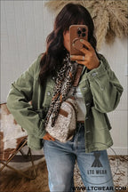 Smoke green pocket collared button front denim jacket - jackets