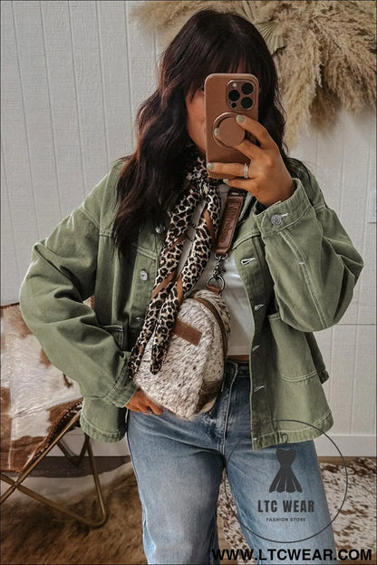 Smoke green pocket collared button front denim jacket - jackets