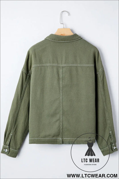 Smoke green pocket collared button front denim jacket - jackets