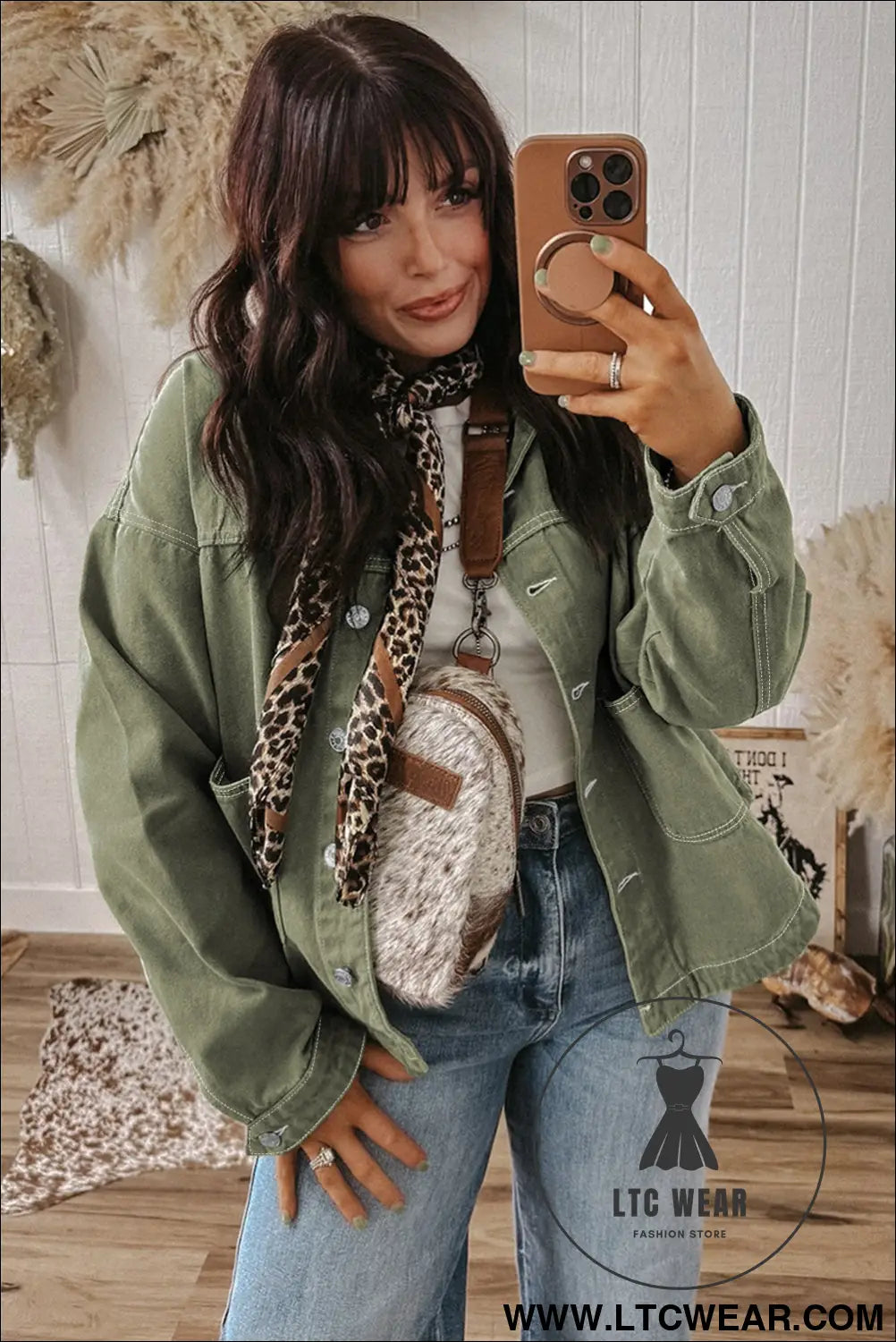 Smoke green pocket collared button front denim jacket - jackets