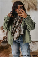 Smoke green pocket collared button front denim jacket - jackets