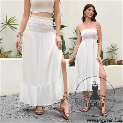 Solid color strapless multi-way wear high waist mid-length dress - white / s
