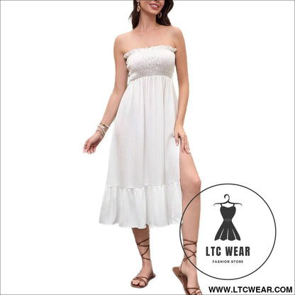 Solid color strapless multi-way wear high waist mid-length dress