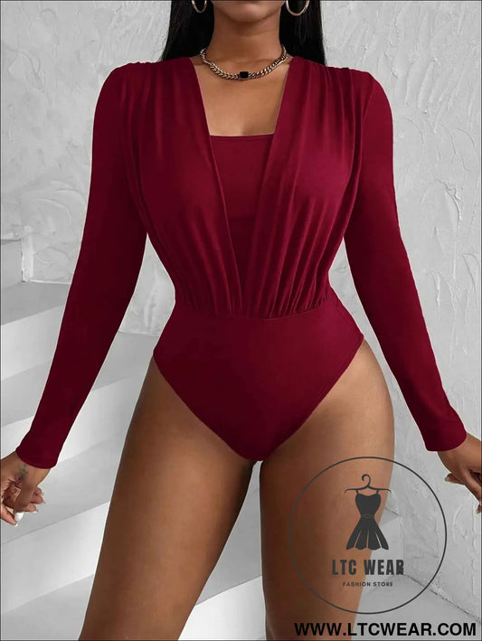 Solid Pleated VNeck Slim Long Sleeve Bodysuit