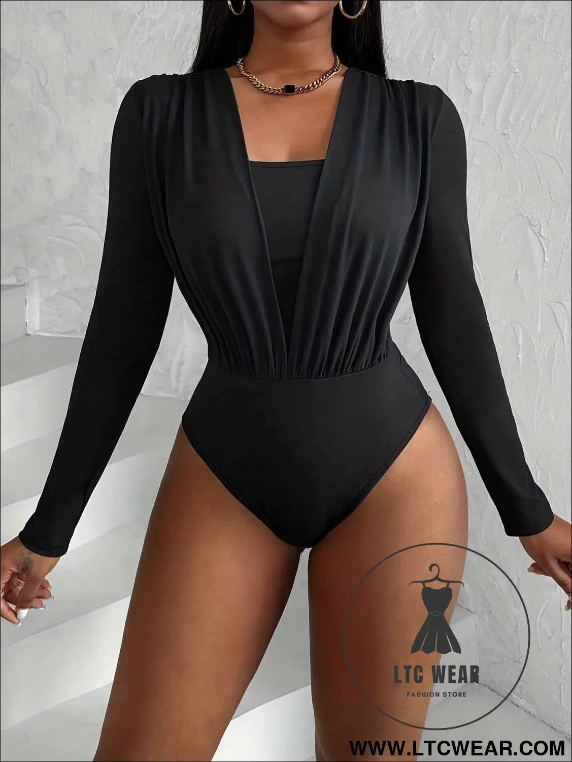 Solid Pleated VNeck Slim Long Sleeve Bodysuit