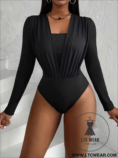 Solid Pleated VNeck Slim Long Sleeve Bodysuit