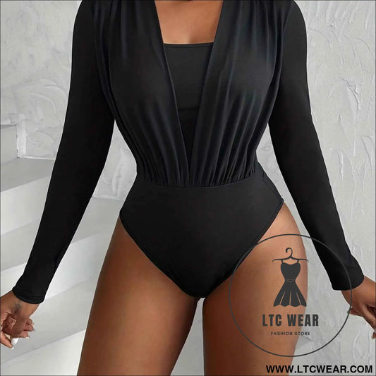 Solid Pleated VNeck Slim Long Sleeve Bodysuit