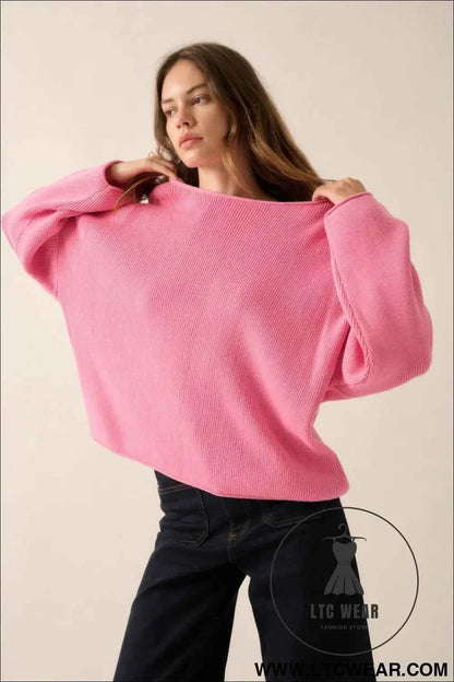 Solid Rib-knit Oversized Boatneck Sweater
