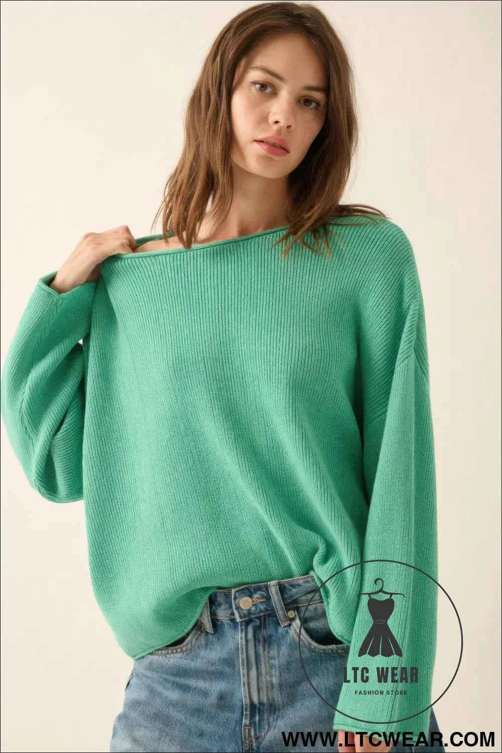 Solid Rib-knit Oversized Boatneck Sweater